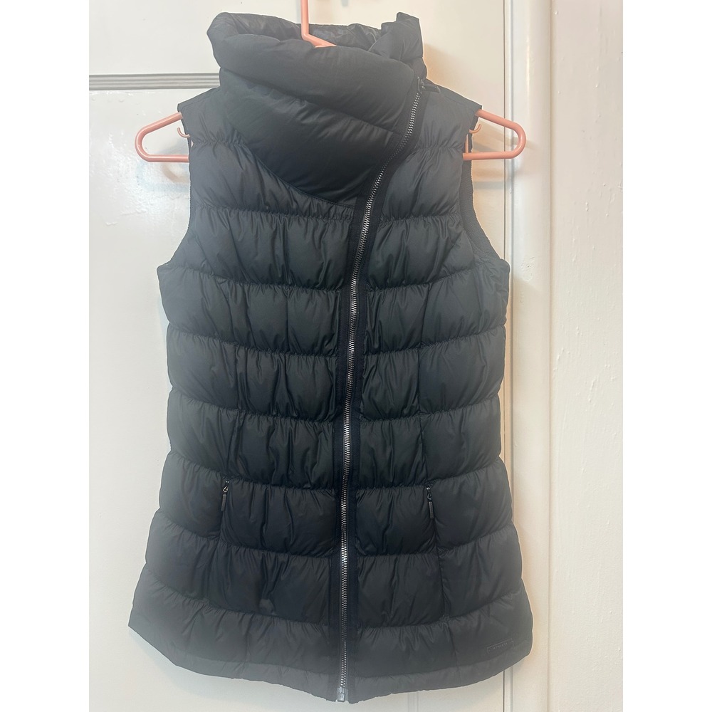 Athleta Black Goose Down Puffer Vest Asymmetric Zip Wrap Collar XXS RN 54023